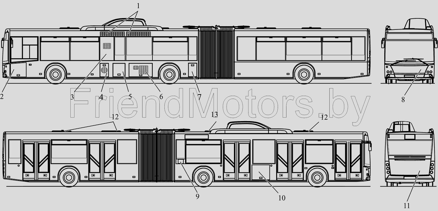 АвтоКаталог-онлайн AutoSoft Версия 46 - Автобусы АМАЗ МАЗ-215 Расположение  крышек и решеток на кузове